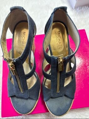 Michael Kors Denim-Style Gold-Zip Wedge Sandals - Blue